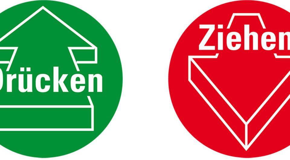 Türhinweis Drücken/Ziehen mit Pfeil, grün/rot, Folie, selbstklebend, Ø 100mm