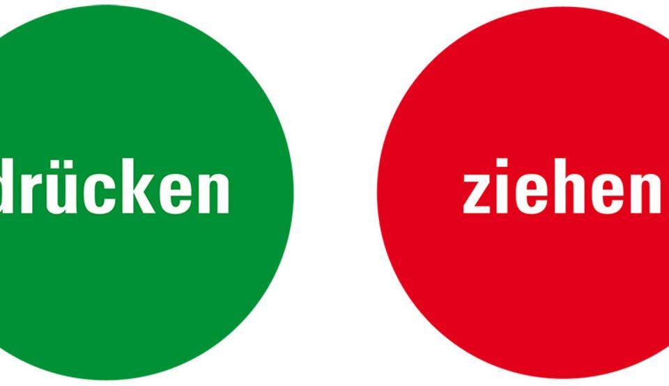 Türhinweis Drücken/Ziehen, grün/rot, Folie, selbstklebend, Ø 100mm