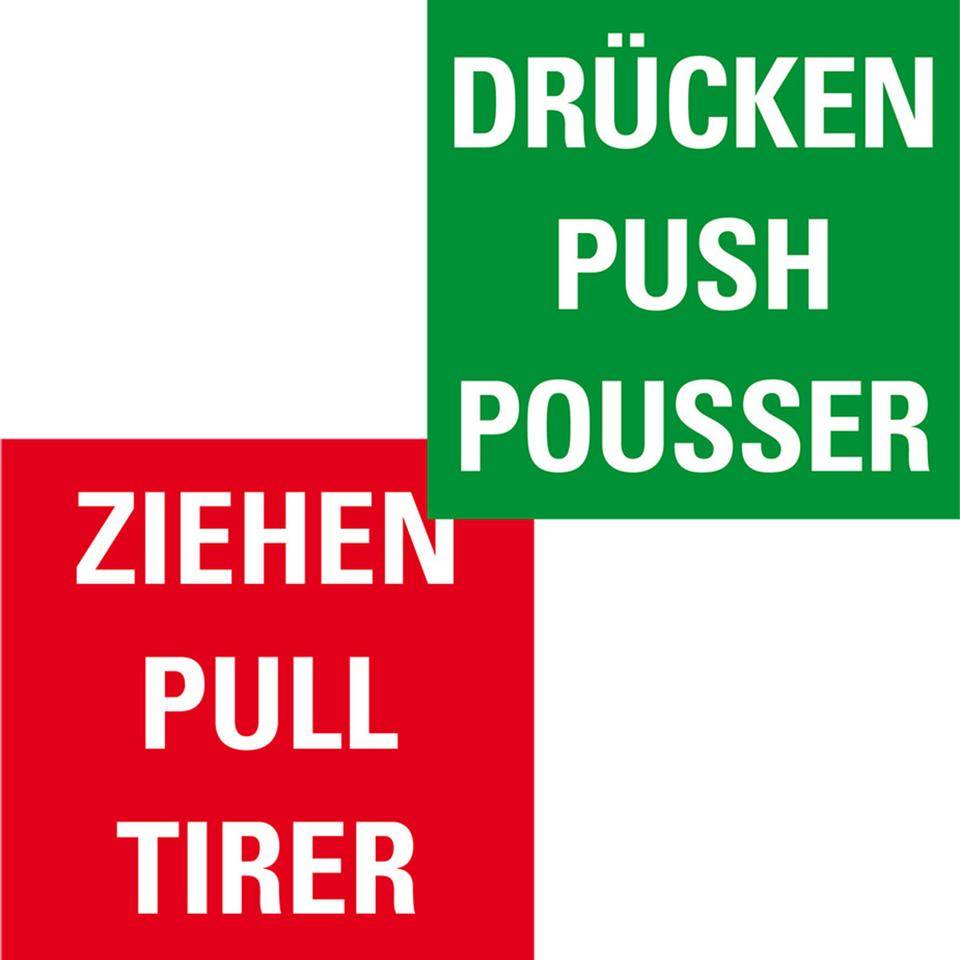 Türhinweis Drücken/Ziehen, dreisprachig, grün/rot, Folie, selbstklebend, 80x80mm