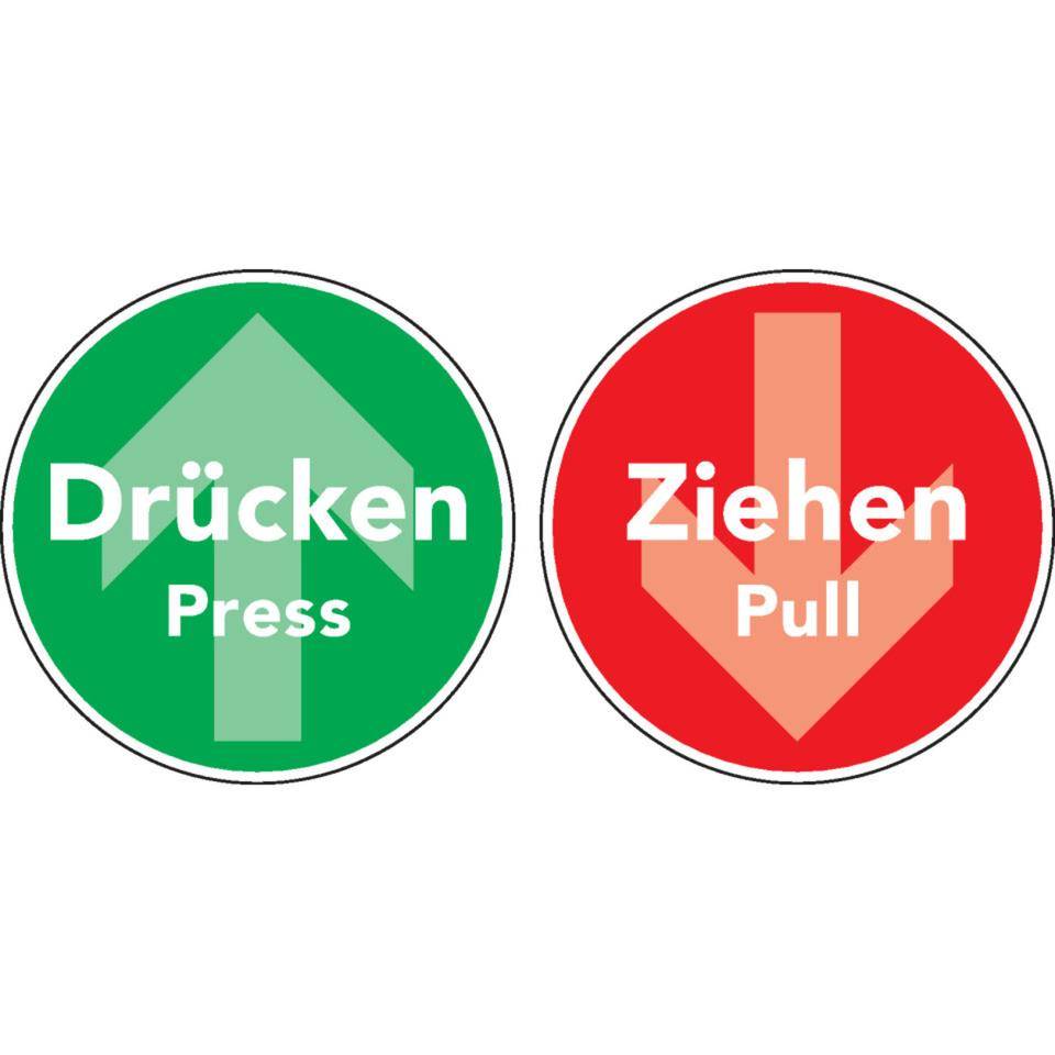 Türhinweis Drücken/Ziehen mit Pfeil, doppelseitig, DE/EN, grün/rot, Folie, Ø 100mm