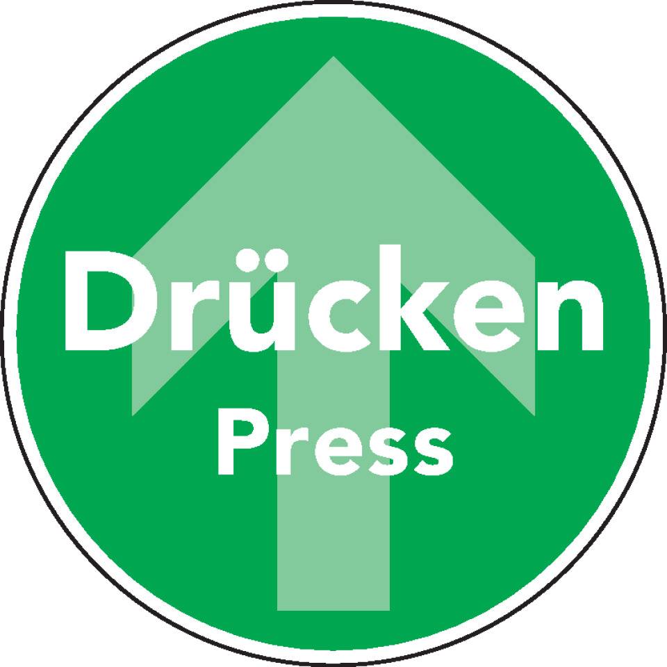 Türhinweis Drücken/Press mit Pfeil, 2-sprachig, grün, Folie, selbstklebend, Ø 100mm