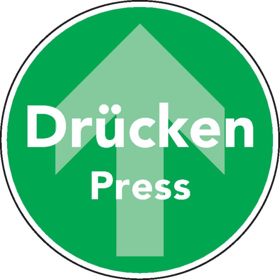 Türhinweis Drücken/Press mit Pfeil, 2-sprachig, grün, Folie, selbstklebend, Ø 100mm