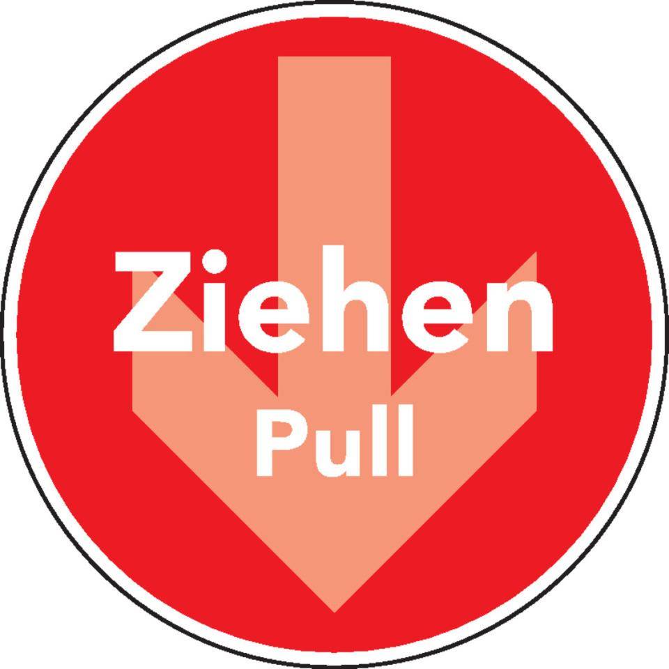 Türhinweis Ziehen/Pull mit Pfeil, 2-sprachig, rot, Folie, selbstklebend, Ø 100mm