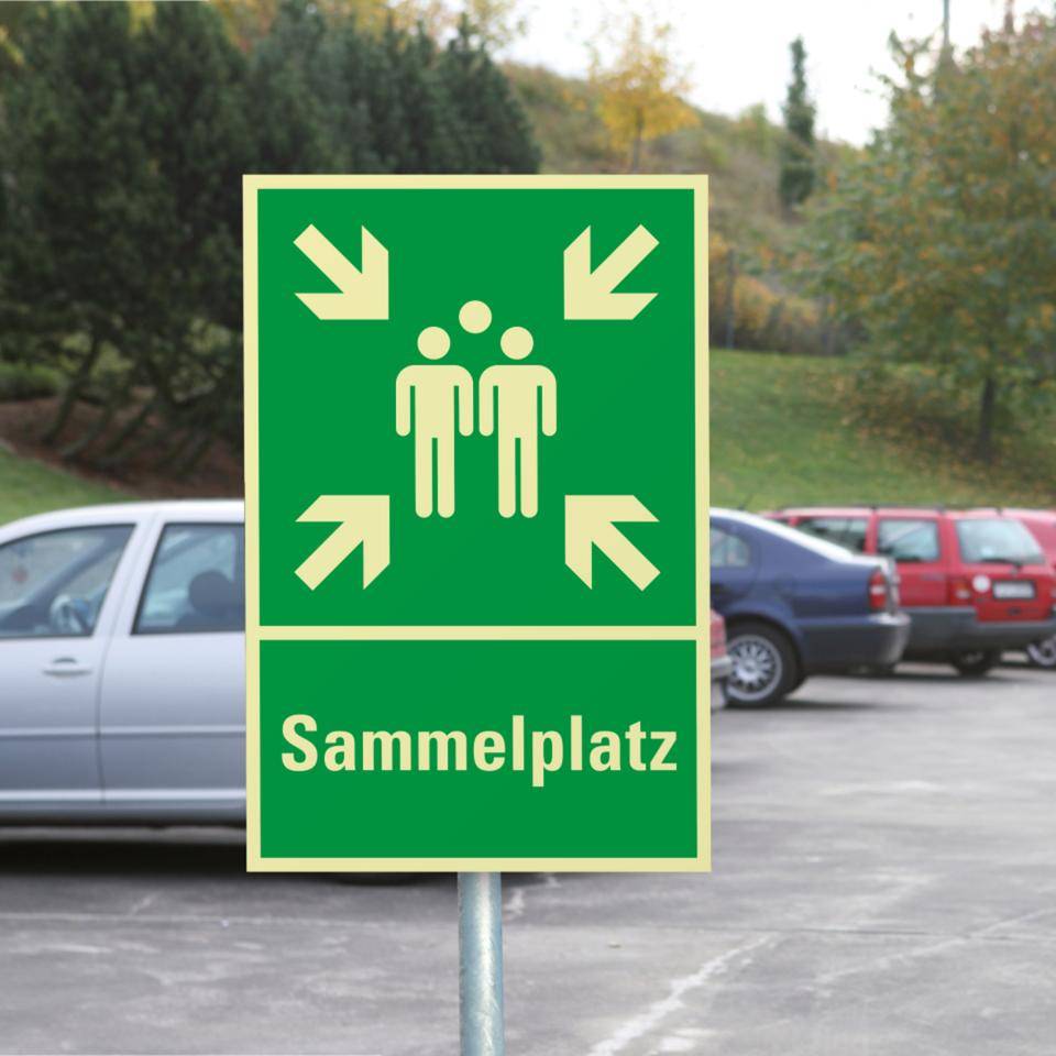 PERMALIGHT® power langnachleuchtend Kombischild Sammelstelle, Sammelplatz, Aluminium, 400x600mm, ASR A1.3, ISO 7010 E007