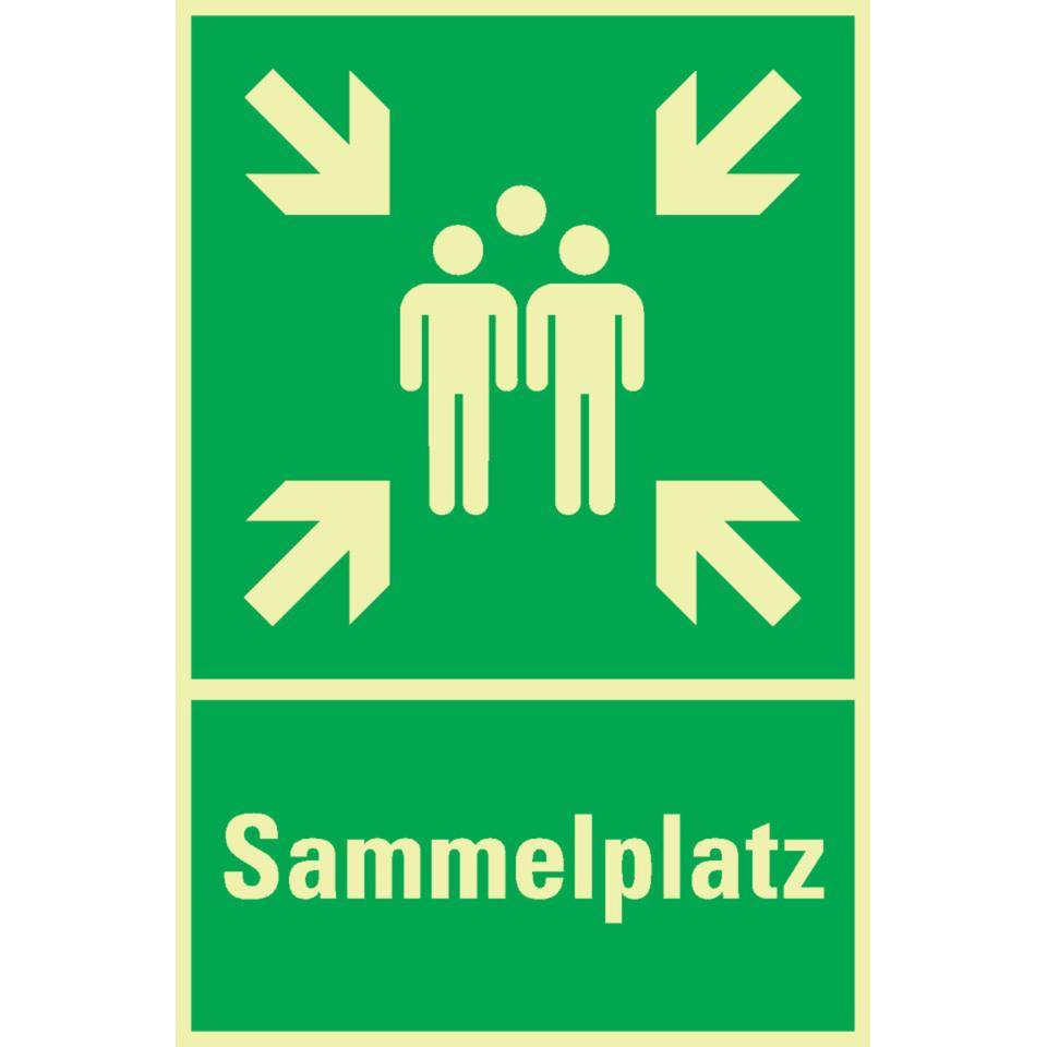 PERMALIGHT® power langnachleuchtend Kombischild Sammelstelle, Sammelplatz, Aluminium, 400x600mm, ASR A1.3, ISO 7010 E007
