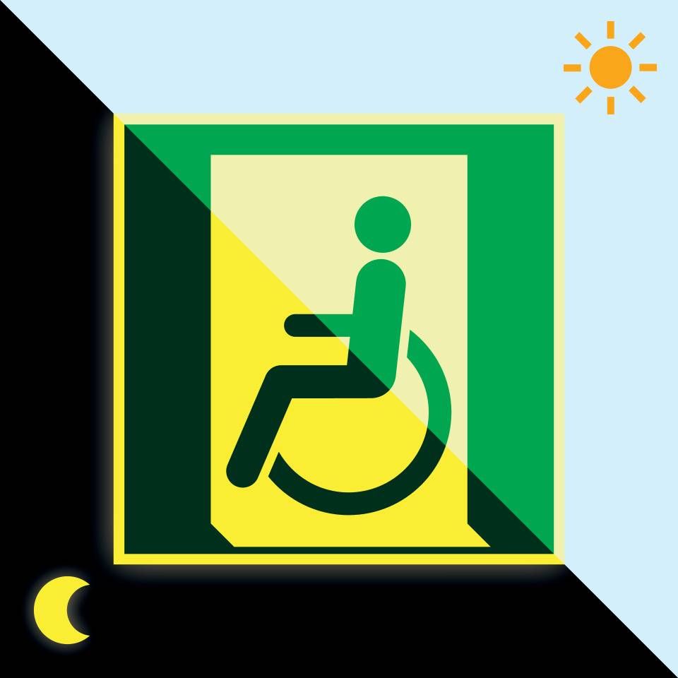 PERMALIGHT® power langnachleuchtend Rettungszeichen Rettungsweg Rollstuhlfahrer links, Aluminium, 200x200mm