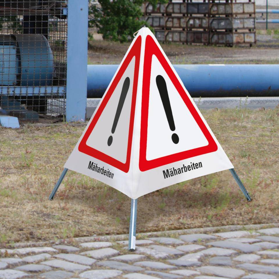 K.57 Faltsignal Mäharbeiten, 3-seitig, rot/weiß, SL 600mm