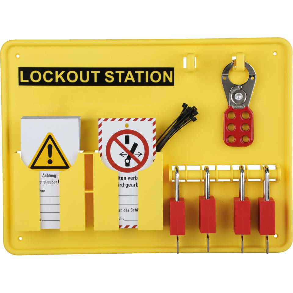 Lockout-Station, Variante 2, gefüllt, Wartungsanhängern, 4 Schössser, Multischließ.