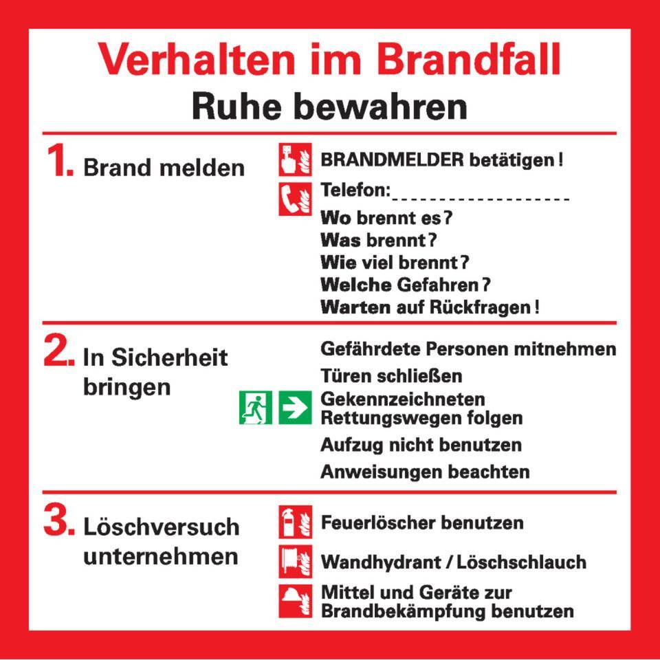 Notfallplan Verhalten im Brandfall, Folie, selbstklebend, 200x200mm, ASR A1.3, DIN EN ISO 7010