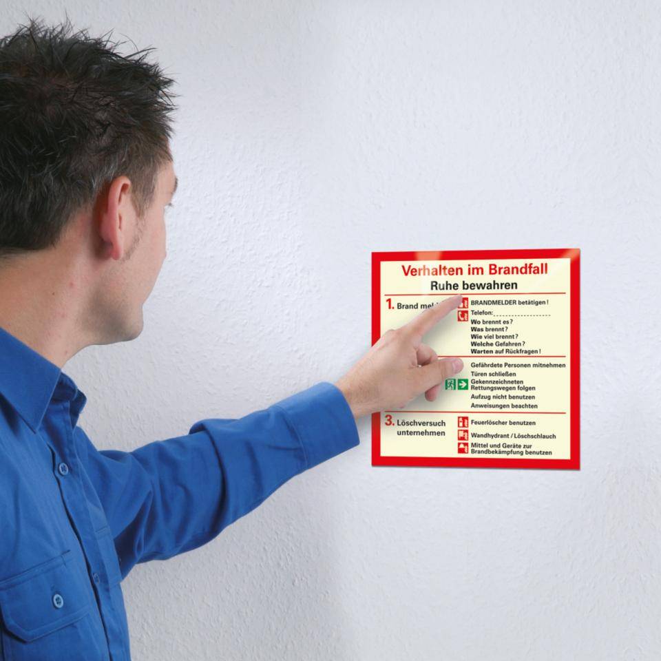 Notfallplan Verhalten im Brandfall, Folie, selbstklebend, 200x200mm, ASR A1.3, DIN EN ISO 7010