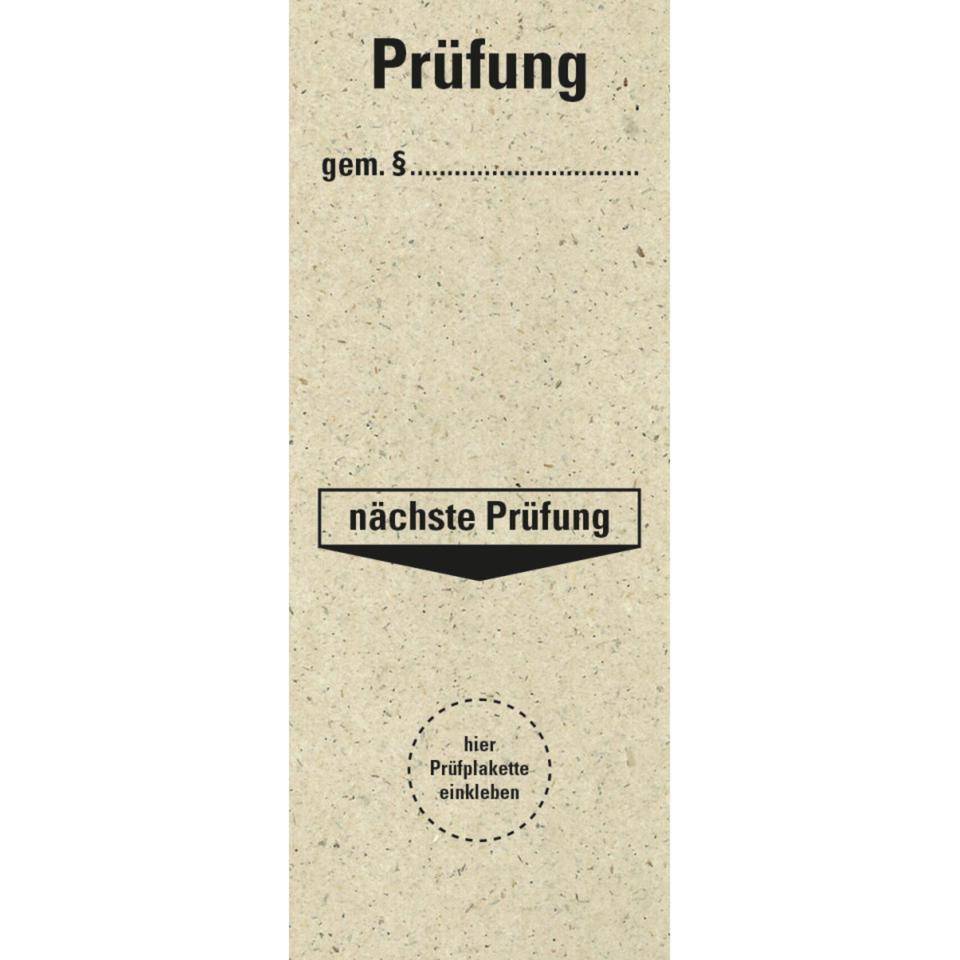 Grundetikett Prüfung gemäß §...nächste Prüfung, Primärfaser-Graspapier, selbstklebend, 40x100mm, 5/Bogen