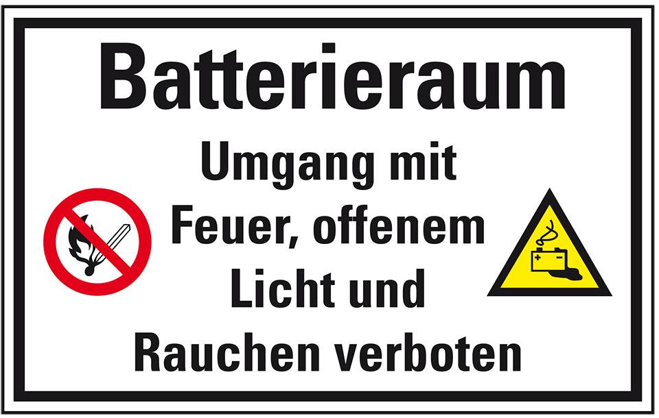 Hinweisschild Batterieraum, Umgang mit Feuer..., Folie, selbstklebend, 300x200mm