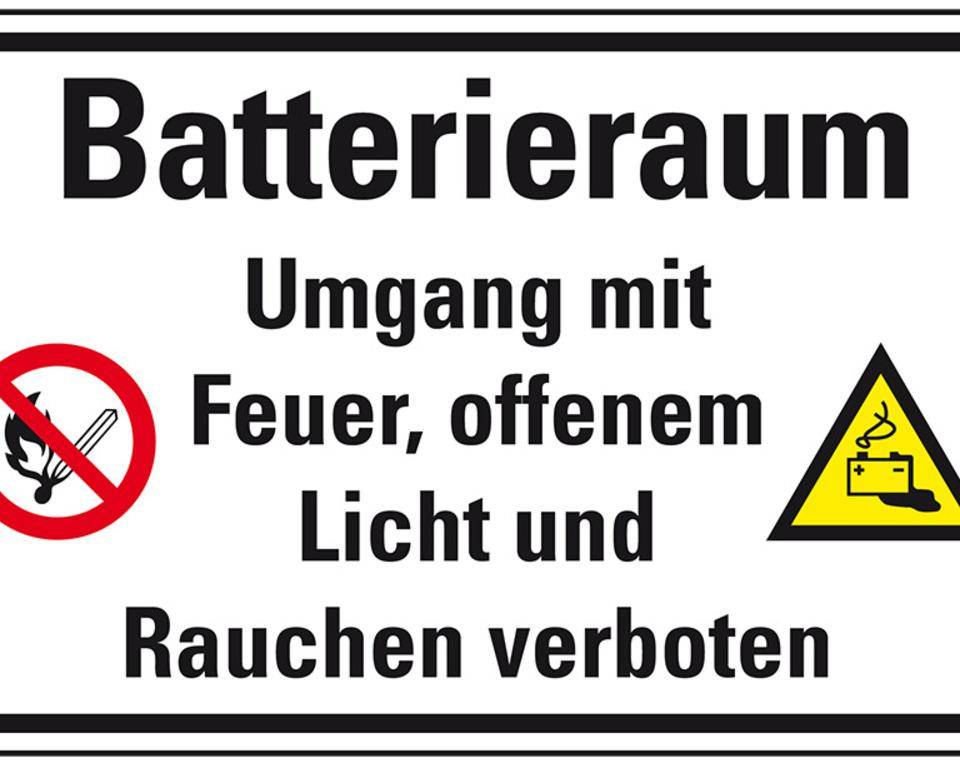 Hinweisschild Batterieraum, Umgang mit Feuer..., Folie, selbstklebend, 300x200mm