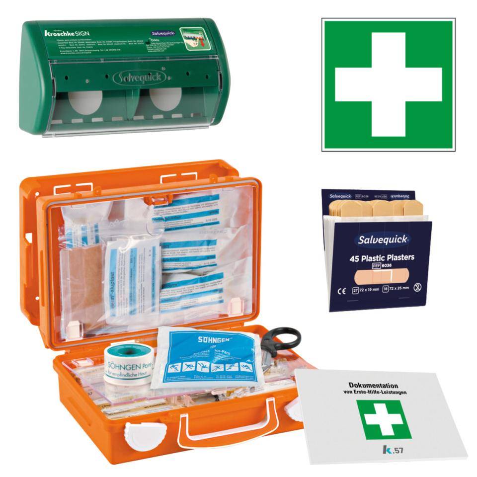 Vorteils-Set Erste-Hilfe-Koffer Junior, Pflasterspender, wasserfeste Strips, Verbandblock, Rettungszeichen