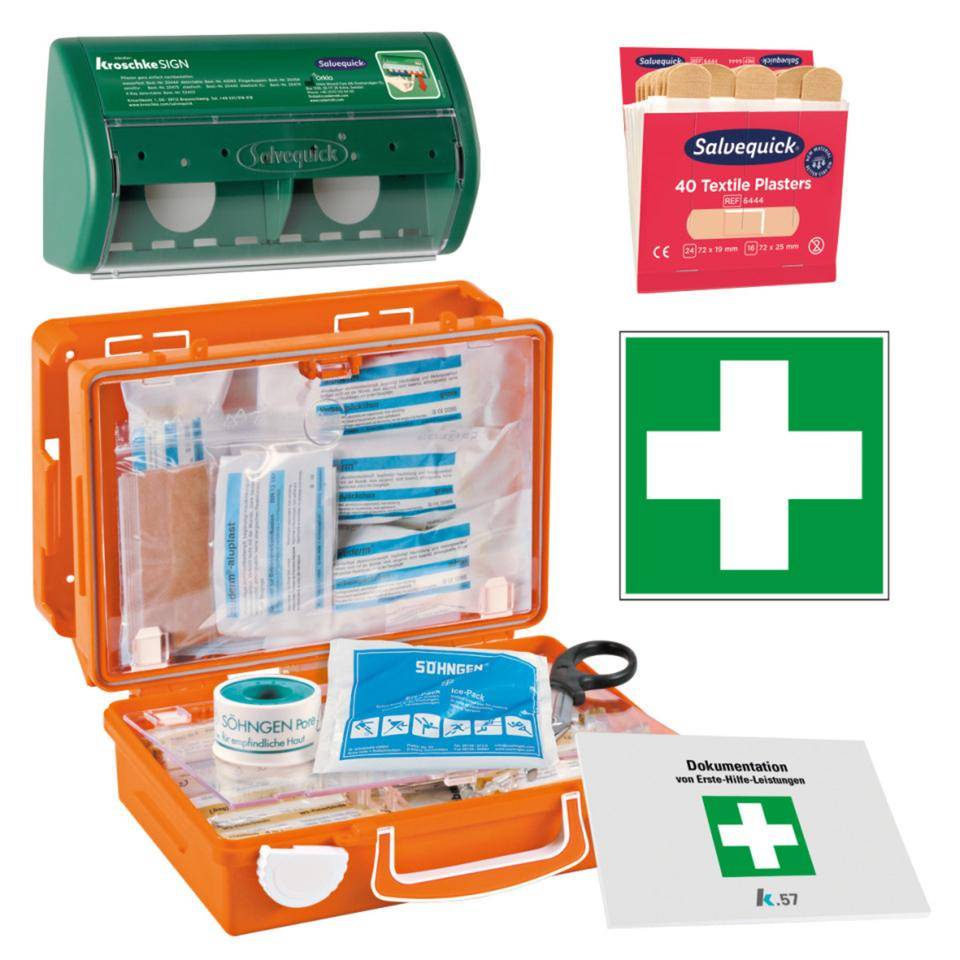 Vorteils-Set Erste-Hilfe-Koffer Junior, Rettungszeichen Pflasterspender, elastische Strips, Verbandblock