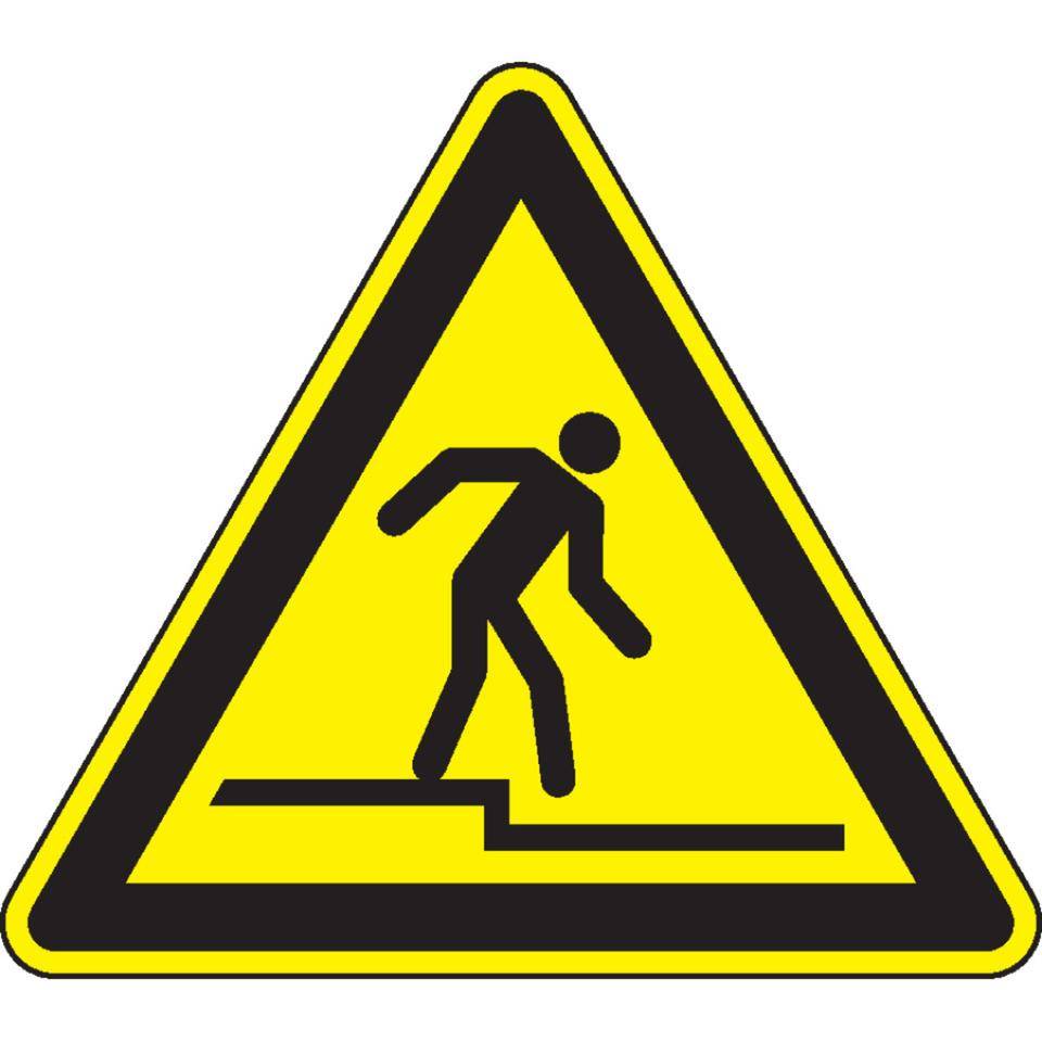 Warnschild Warnung vor Abwärtsstufe, ISO, Folie, selbstklebend, SL 200mm