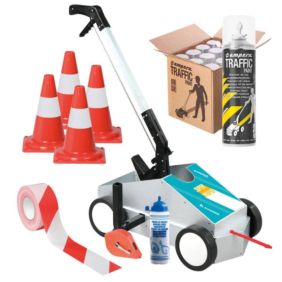 A.M.P.E.R.E. SUPER-Striper® Profi-Set, inkl. Zubehör, 12 Dosen Traffic Paint, weiß