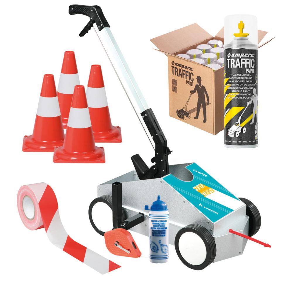 A.M.P.E.R.E. SUPER-Striper® Profi-Set, inkl. Zubehör, 12 Dosen Traffic Paint, gelb