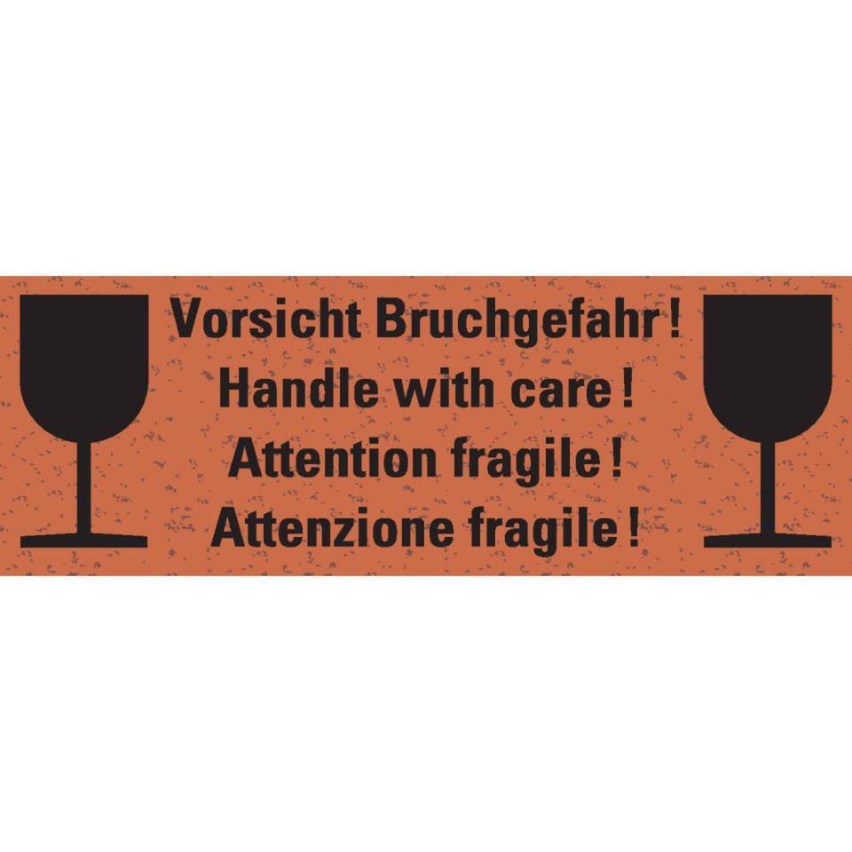 Warnetikett Vorsicht Bruchgefahr!, 4-spr., rot, Primärfaser-Graspapier, selbstklebend, 147x50mm, 6/Bogen