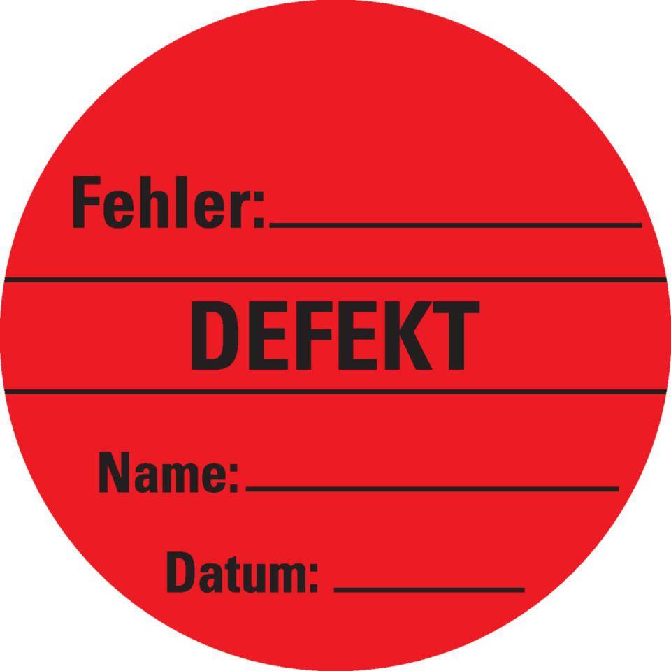 Organisationsetikett Defekt, rot, Cellulose-Folie, selbstklebend, Ø 60mm, 6/Bogen
