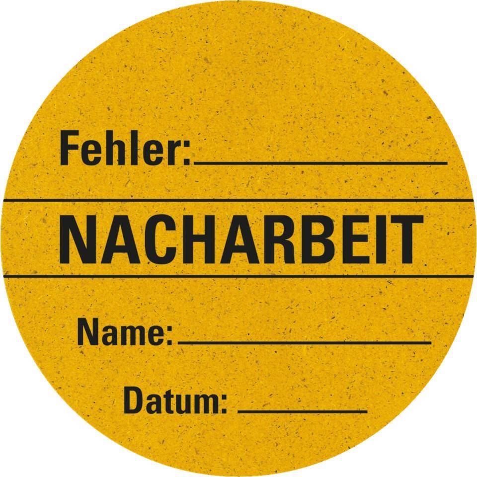 Organisationsetikett Nacharbeit, gelb, Primärfaser-Graspapier, selbstklebend, Ø 60mm, 6/Bogen