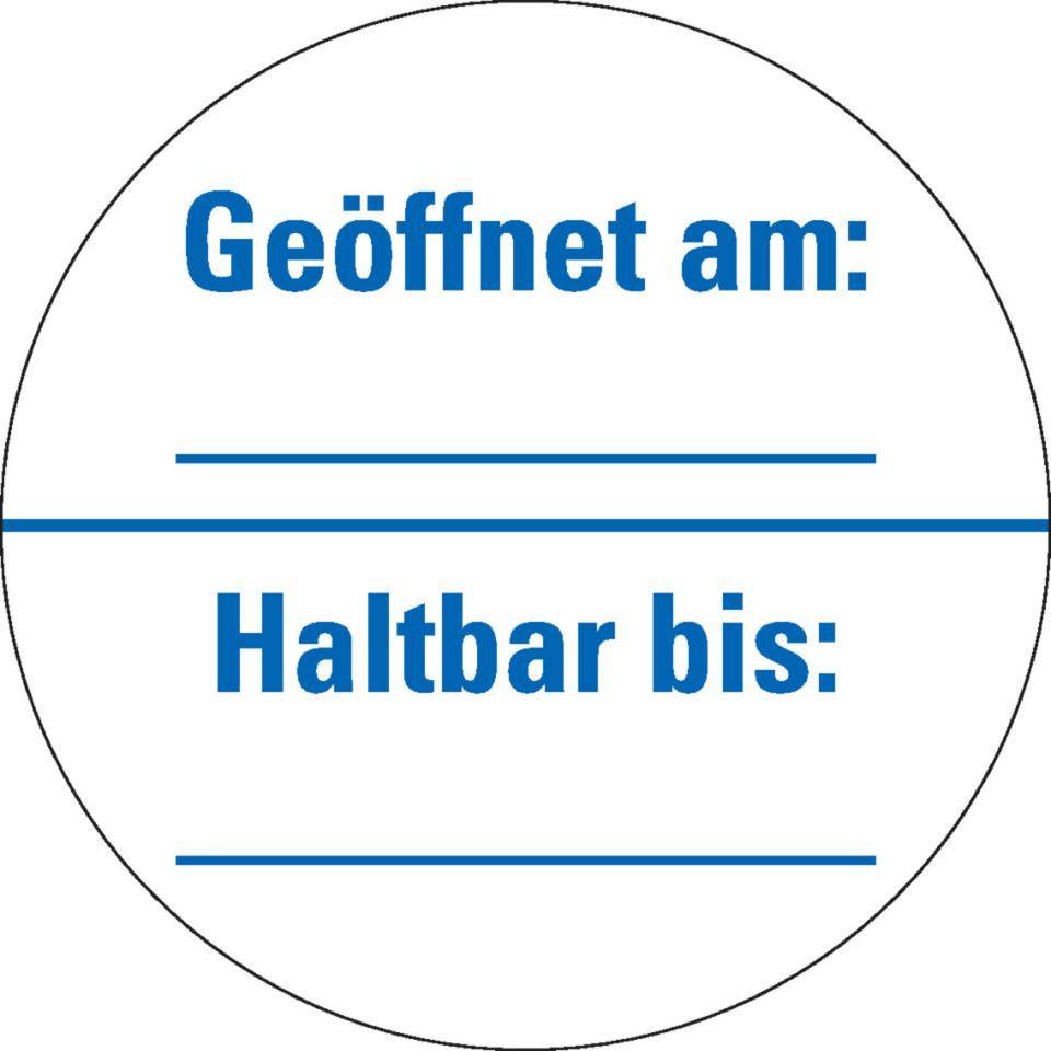Infoplakette Geöffnet am, Haltbar bis..., blau/weiß, Dokumentenfolie, Ø 30mm, 18/BOG