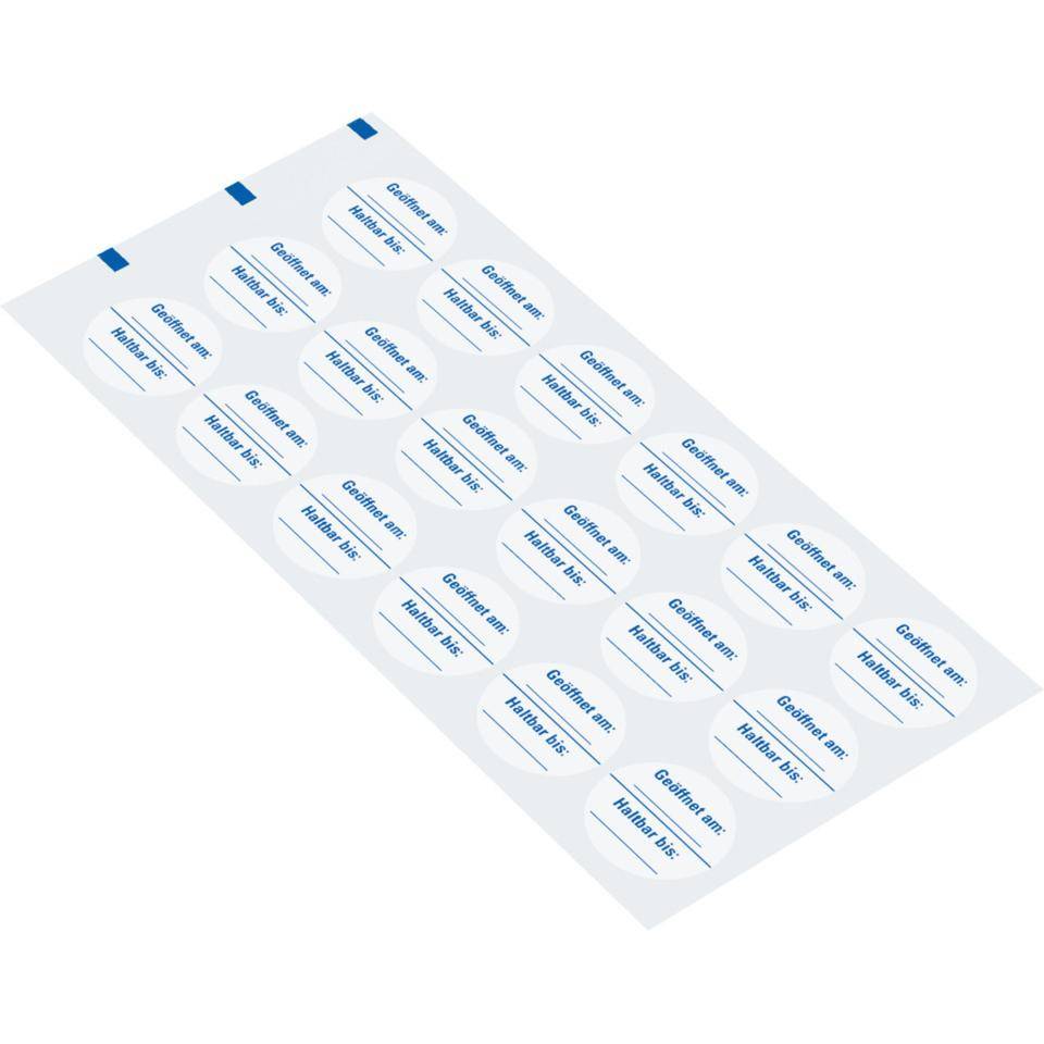 Infoplakette Geöffnet am, Haltbar bis..., blau/weiß, Dokumentenfolie, Ø 30mm, 18/BOG