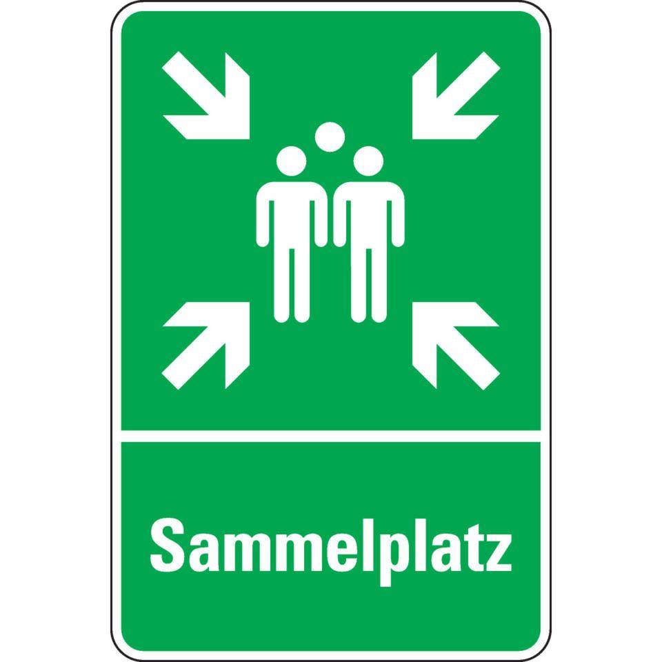 Rettungs-Kombischild Sammelstelle, Aluminium RA0, reflektierend,400x600mm, ASR A1.3, DIN EN ISO 7010 E003 und E007