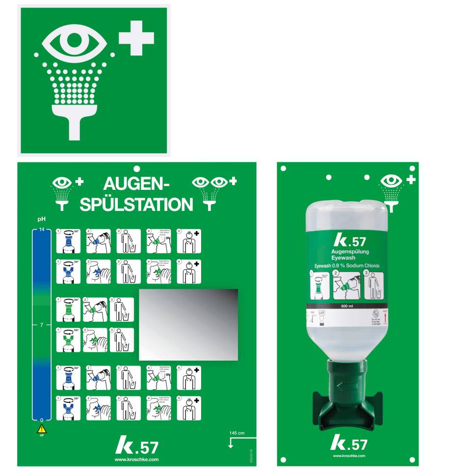 K.57 Vorteils-Set Augenschutz, 500ml Augenspülflasche, Anleiteitung, Rettungszeichen Augenspüleinrichtung