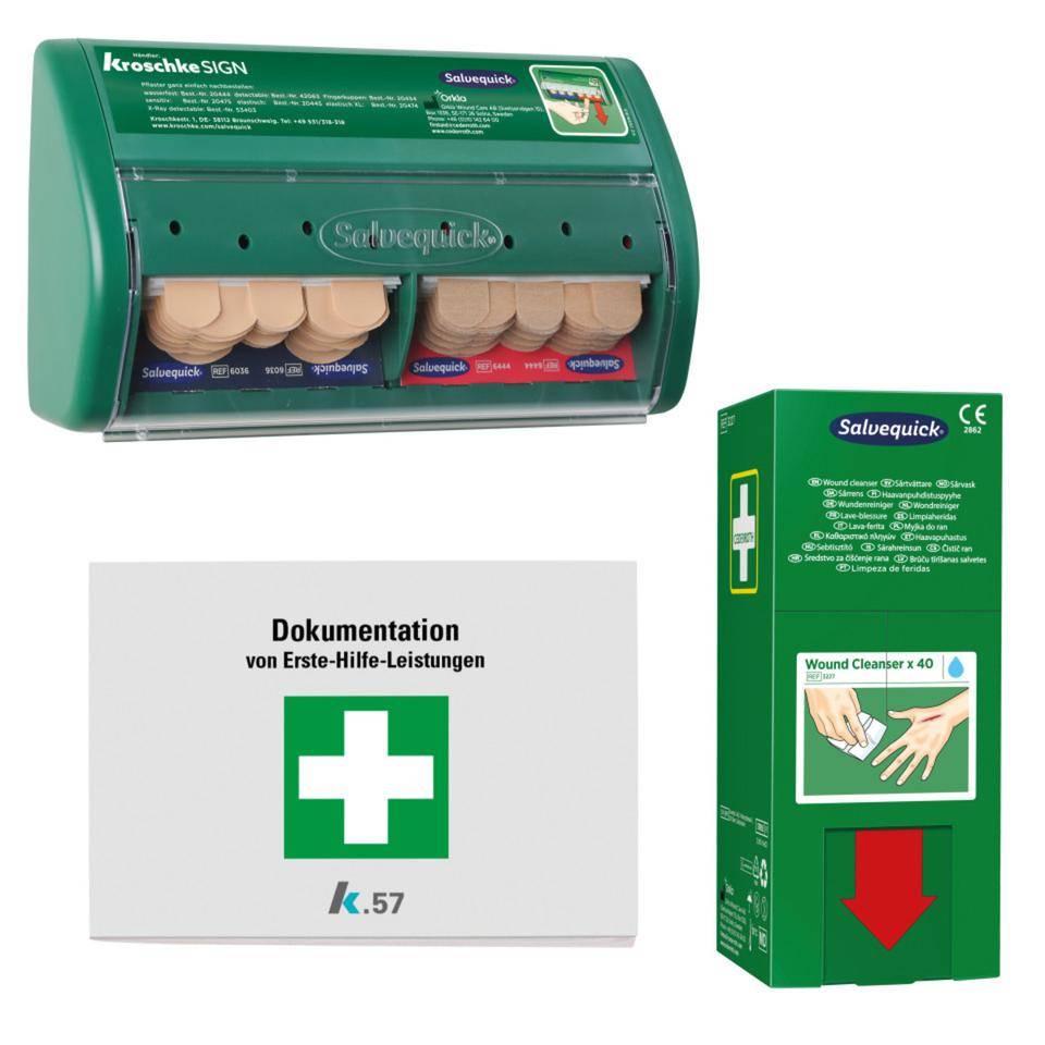 Vorteils-Set Pflasterspender, Pflasterspender, Wundreinigunstücher, Verbandblock