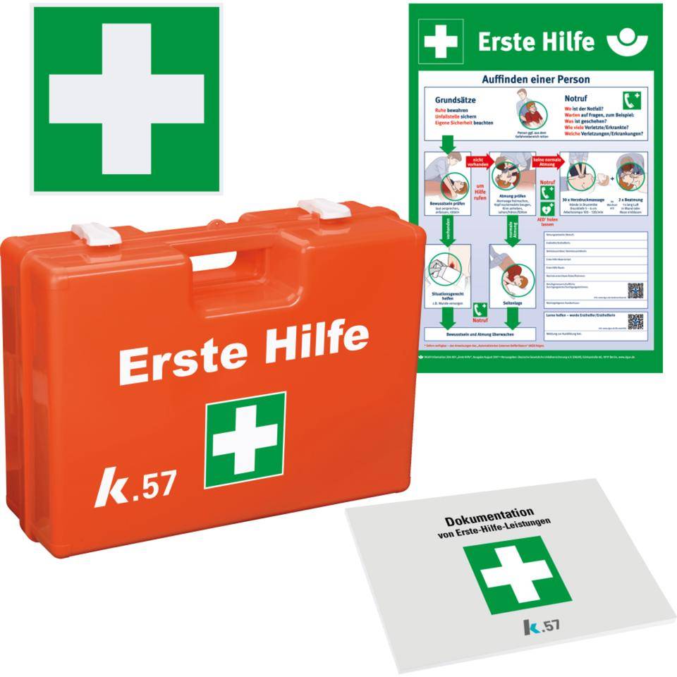 K.57 Vorteils-Set Erste-Hilfe-Koffer Pro, Rettungszeichen, Verbandblock, Aushang