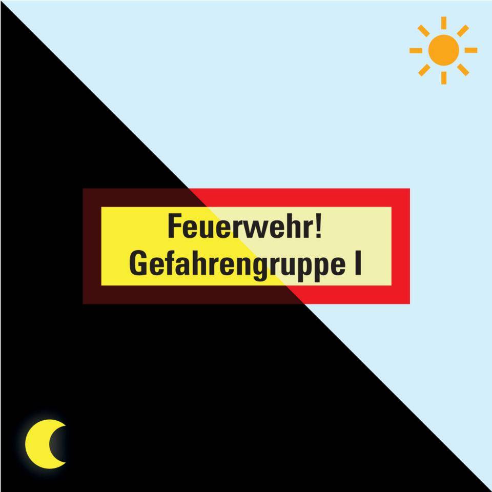 PERMALIGHT® power langnachleuchtend Feuerwehrschild Feuerwehr! Gefahrengruppe I, Folie, 210x74mm