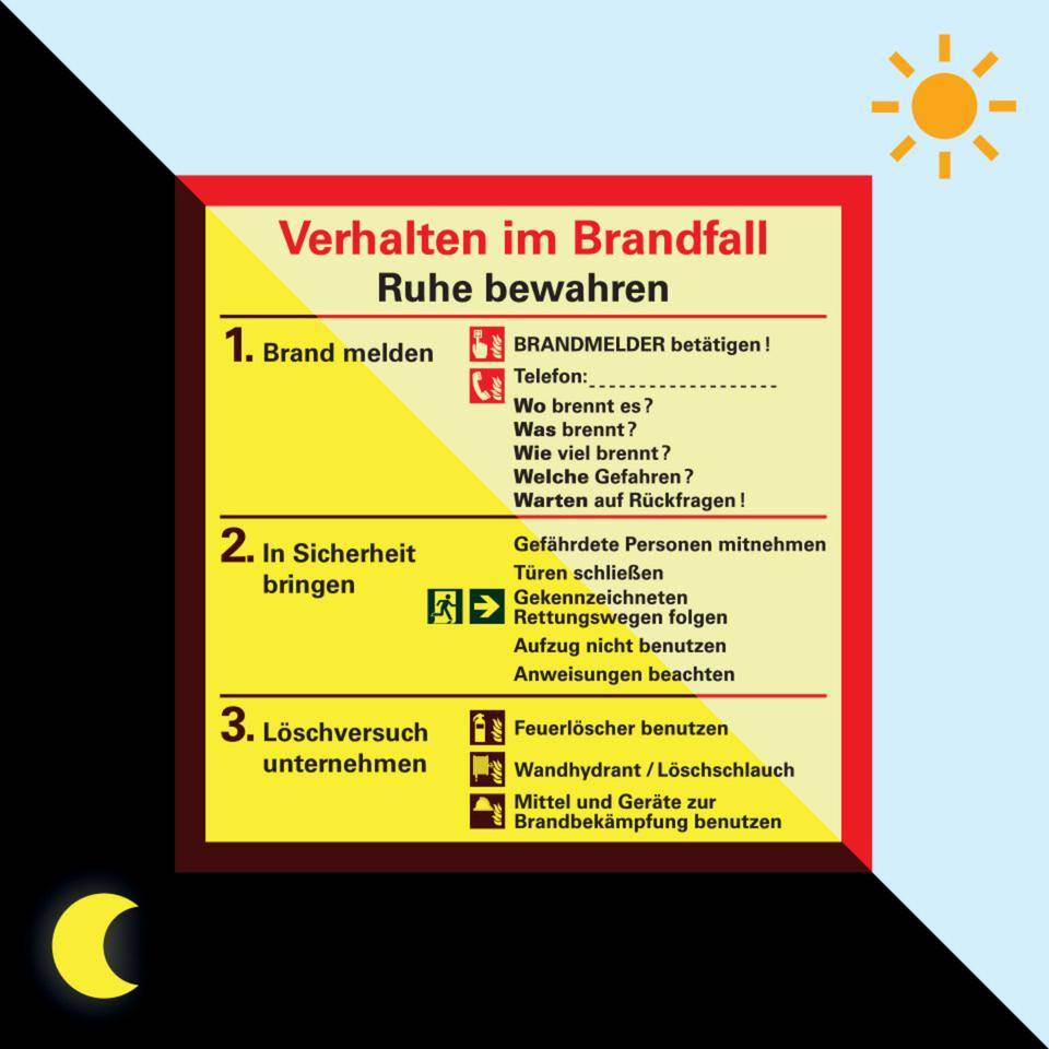 PERMALIGHT® power langnachleuchtend Notfallplan Verhalten im Brandfall, Kunststoff, 200x200mm