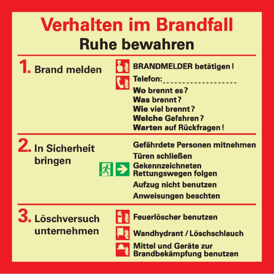 PERMALIGHT® power langnachleuchtend Notfallplan Verhalten im Brandfall, Kunststoff, 200x200mm