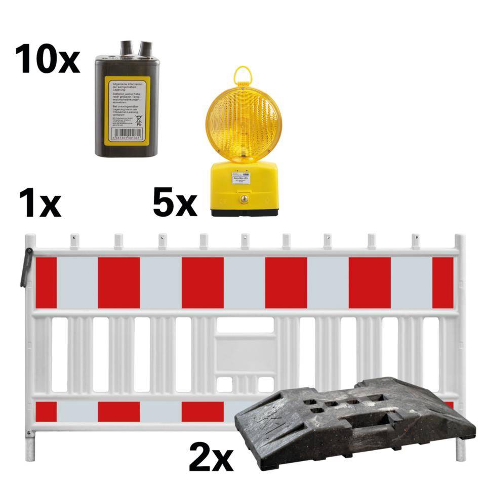 Vorteils-Set, Baustellensicherung RA1, inkl. 2 Fußplatten, 5 Baustellenleuchten, gelb, 10 Blockbatterien 4R25