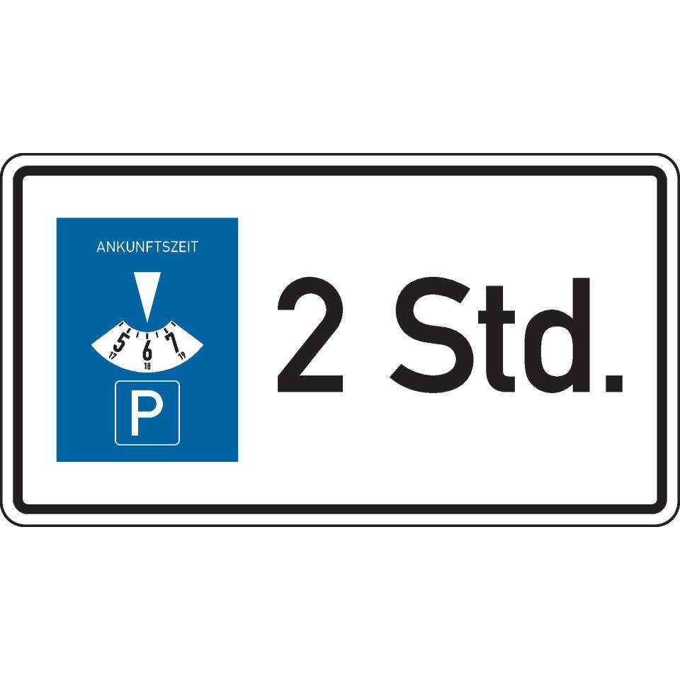 Parkplatzschild,Parkdauer max. 2 Stunden,Aluminium RA0,reflektierend,600x330mm