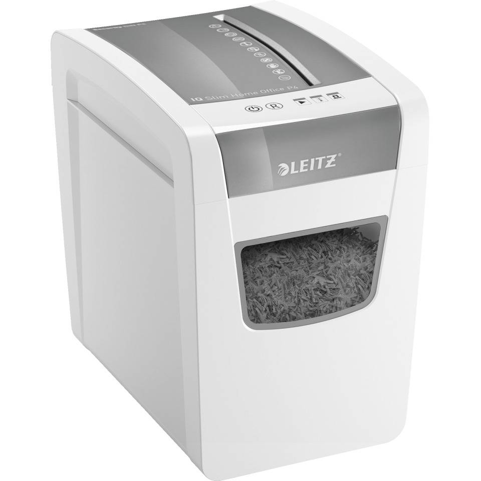 LEITZ IQ Aktenvernichter Home Office Slim, P4, weiß, 6,5kg, 375x255x370mm