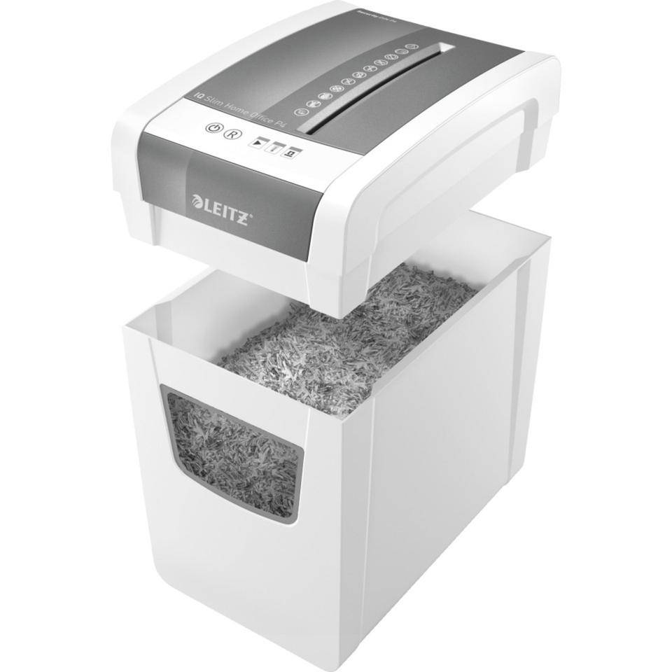 LEITZ IQ Aktenvernichter Home Office Slim, P4, weiß, 6,5kg, 375x255x370mm