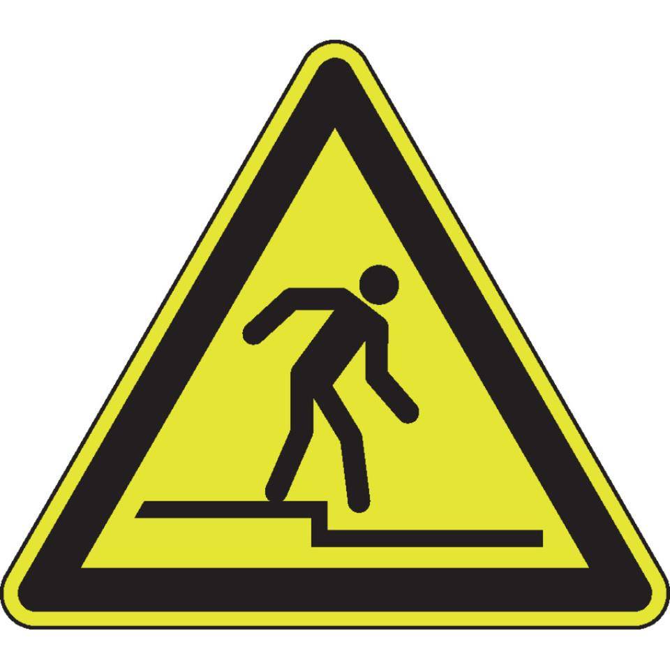 PERMALIGHT® power langnachleuchtend Warnschild Warnung vor Abwärtsstufe, ISO, Folie, fluoreszierend, SL 200mm