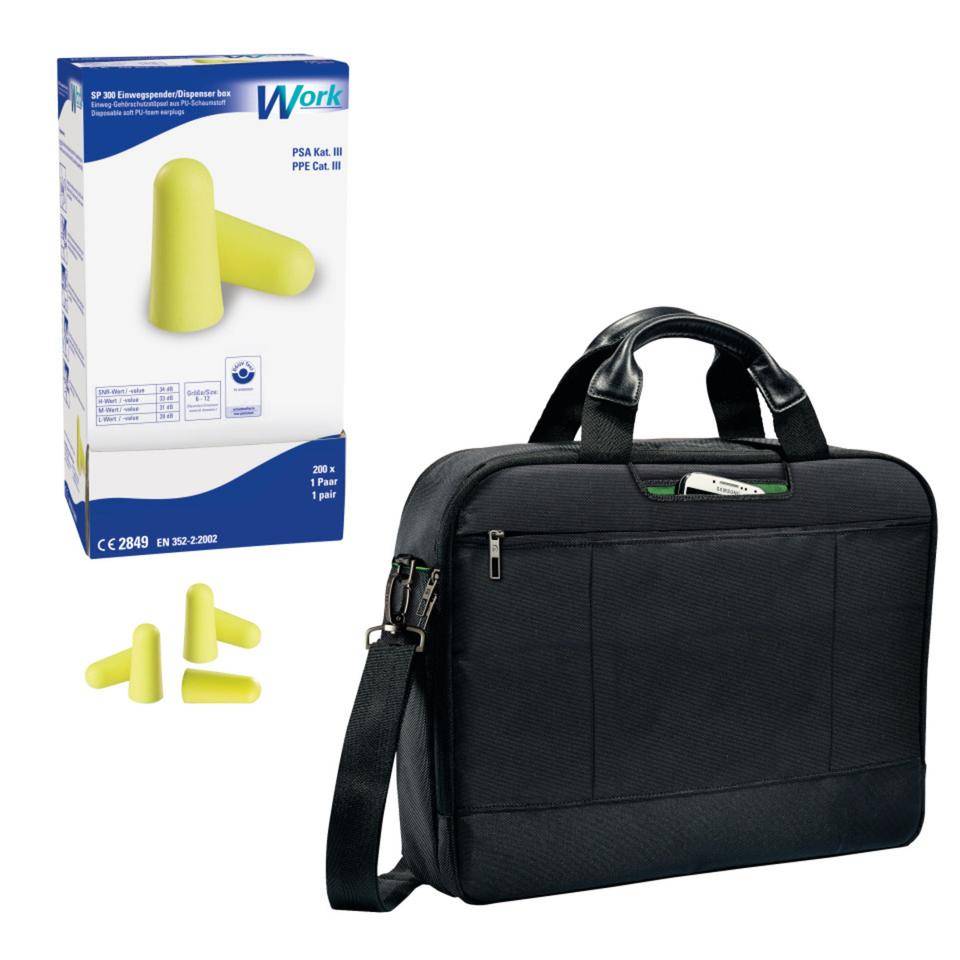 Vorteils-Set mobiles Arbeiten,Gehörschutzsstöpsel WORK, Leitz 15.6" Laptoptasche