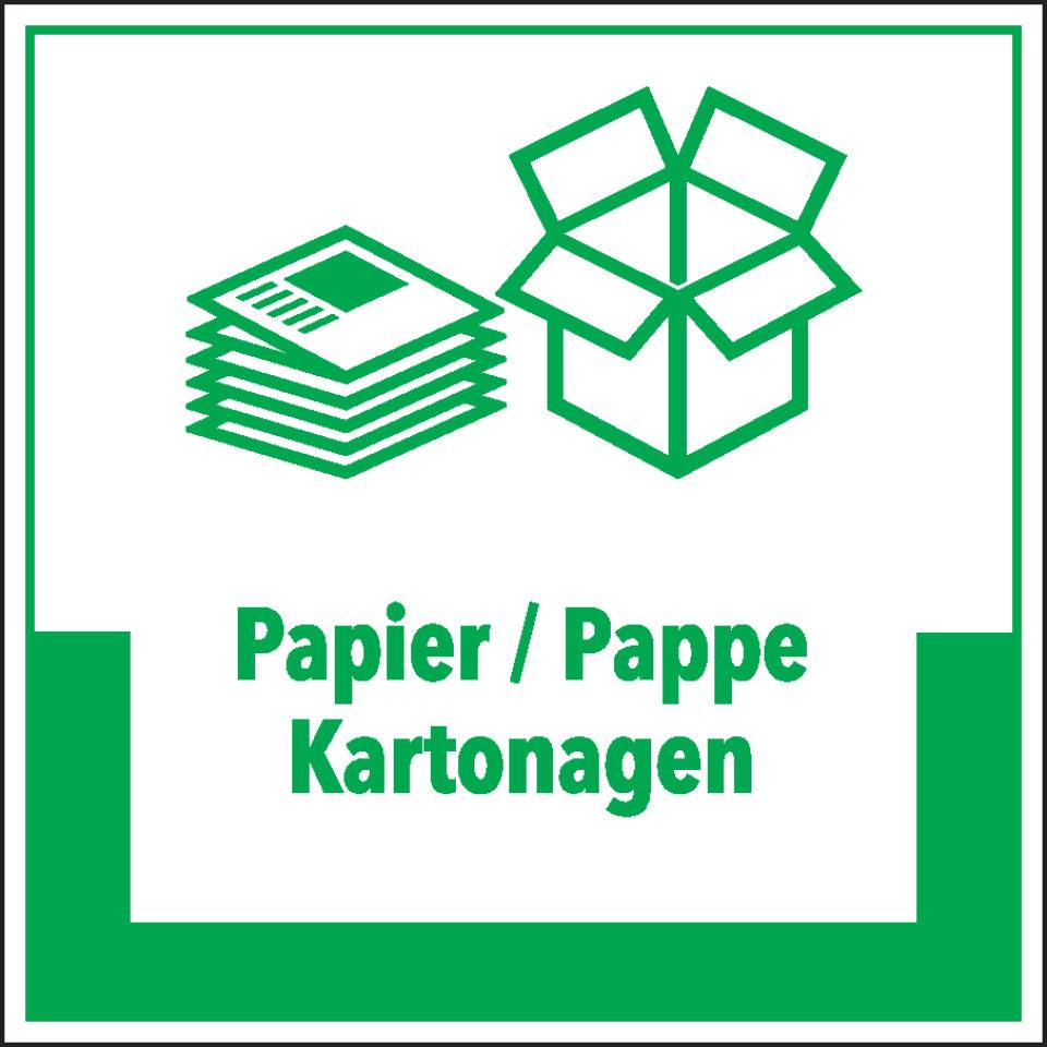 Abfallkennzeichen Papier/Pappe, mit Symbol und Text, Cellulose-Folie, selbstklebend, 200x200mm