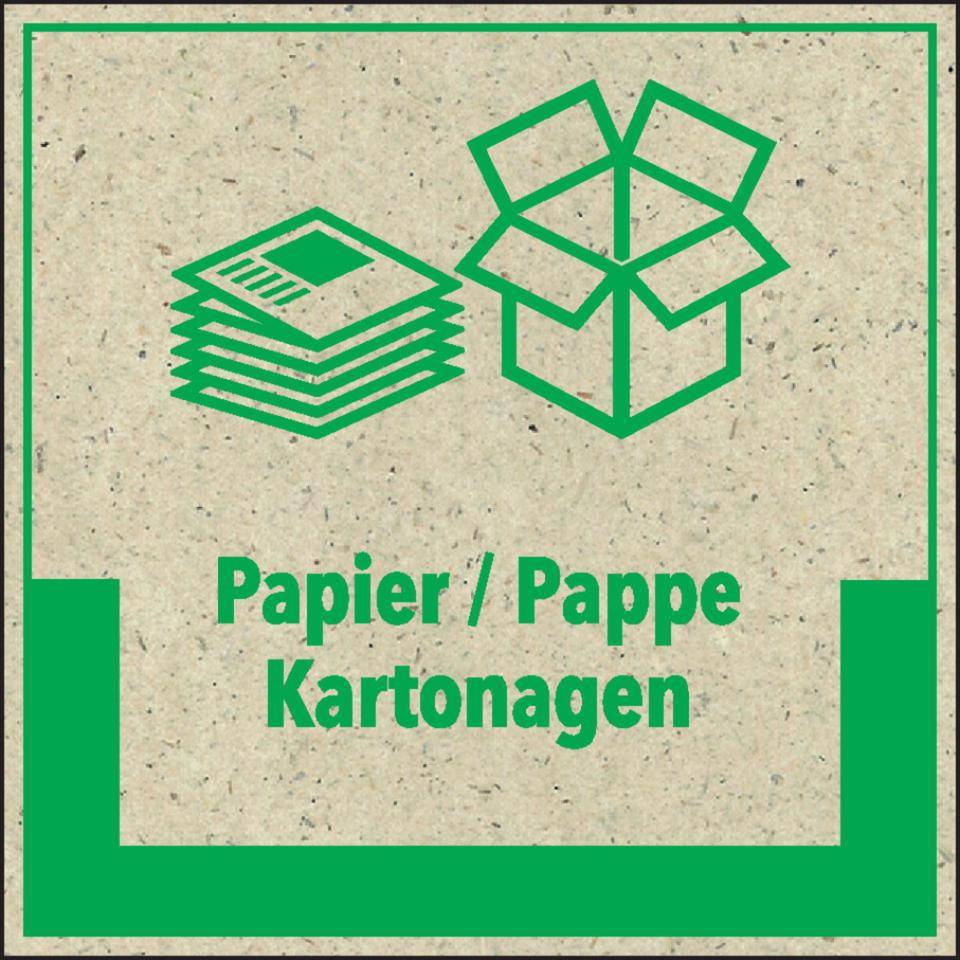Abfallkennzeichen Papier/Pappe, mit Symbol und Text, Primärfaser-Graspapier, selbstklebend, 200x200mm