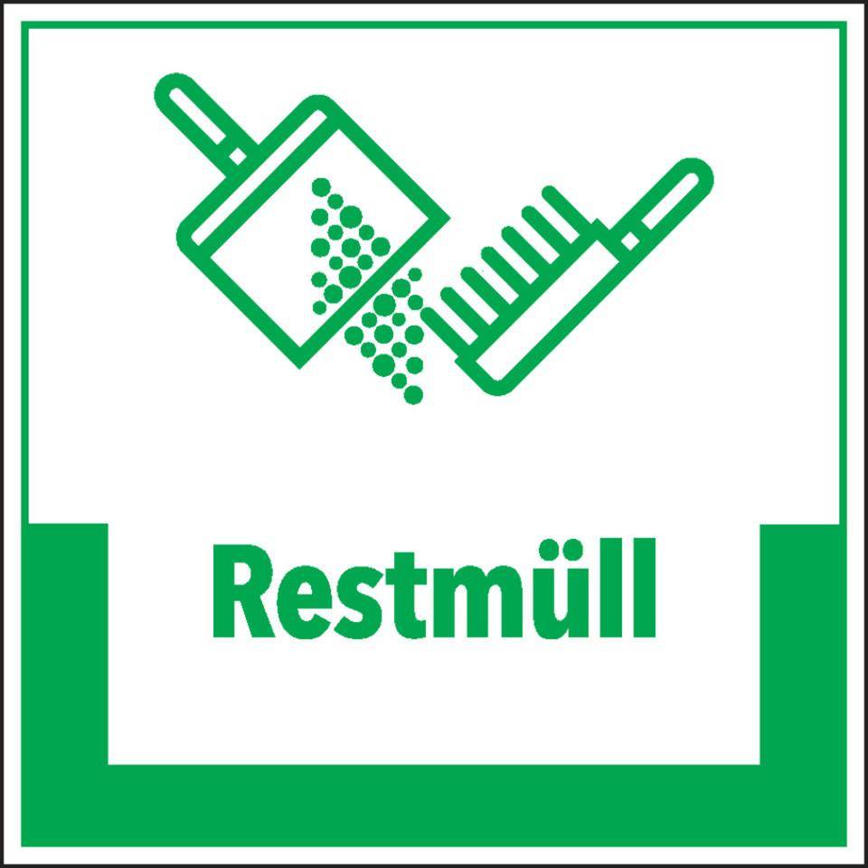 Abfallkennzeichen Restmüll, mit Symbol und Text, Cellulose-Folie, selbstklebend, 200x200mm