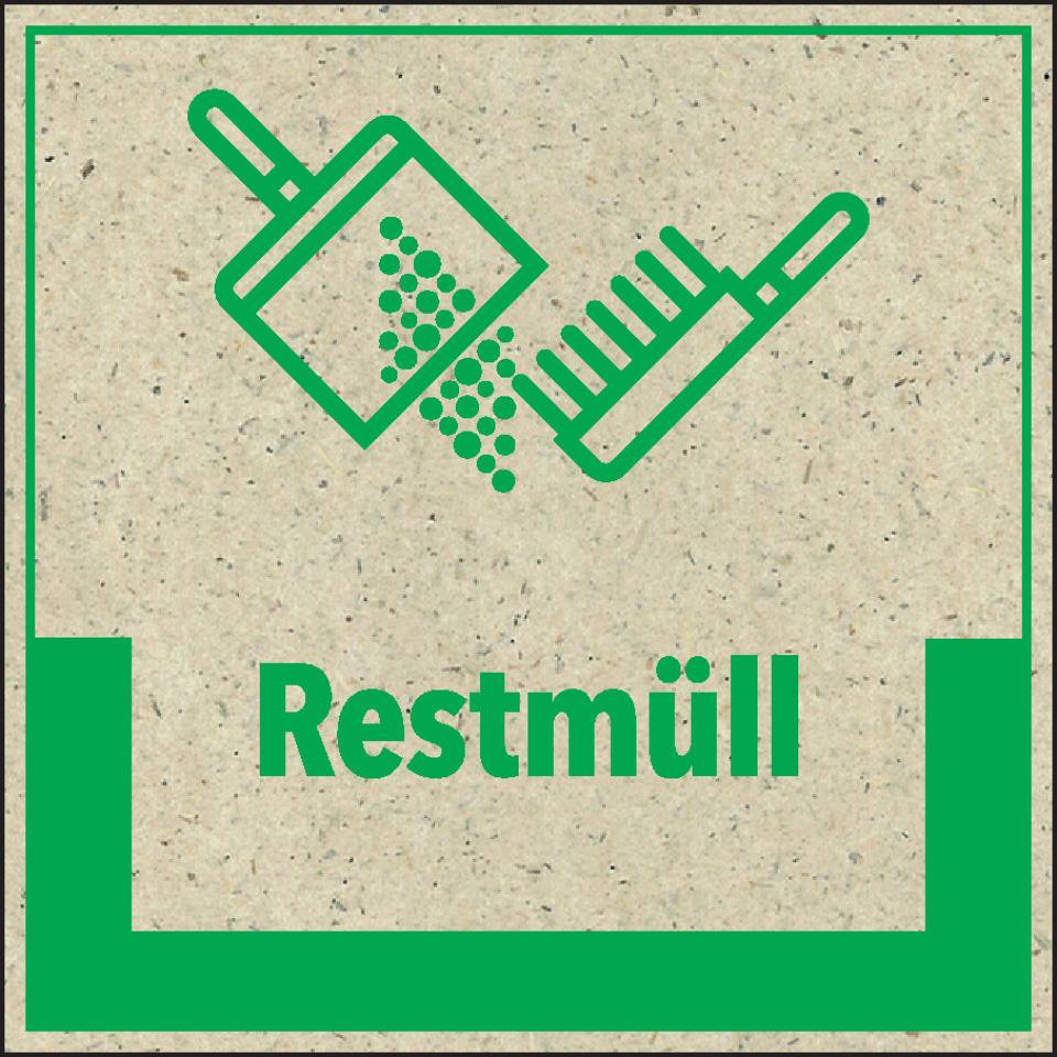 Abfallkennzeichen Restmüll, mit Symbol und Text, Primärfaser-Graspapier, selbstklebend, 200x200mm