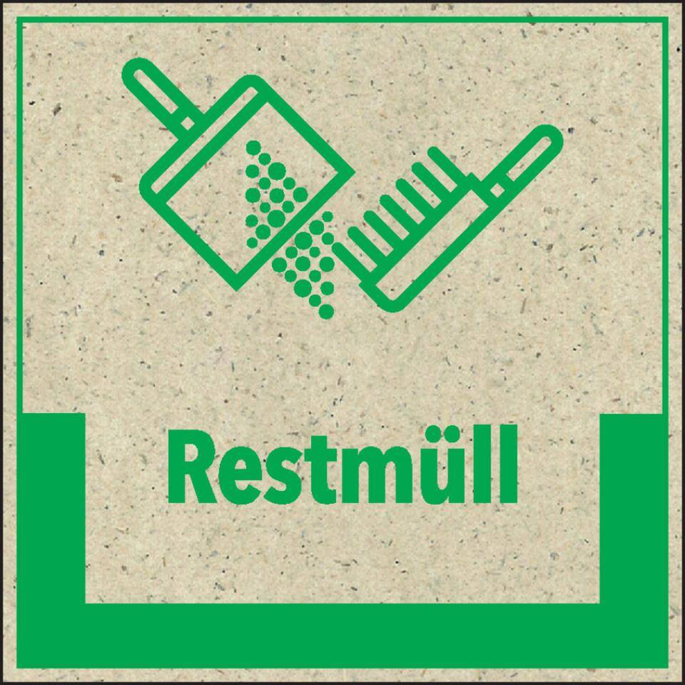 Abfallkennzeichen Restmüll, mit Symbol und Text, Primärfaser-Graspapier, selbstklebend, 200x200mm