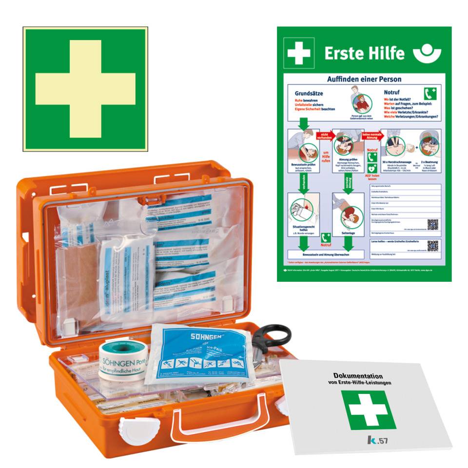 Vorteils-Set Erste-Hilfe-Koffer Junior, Aushang, Verbandblock, Rettungszeichen