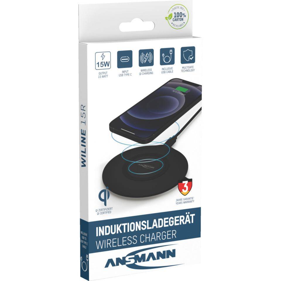 ANSMANN Qi Ladegerät, für alle Qi-fähigen Smartphones, kabellos,ABS, Ø 100mm, 130g