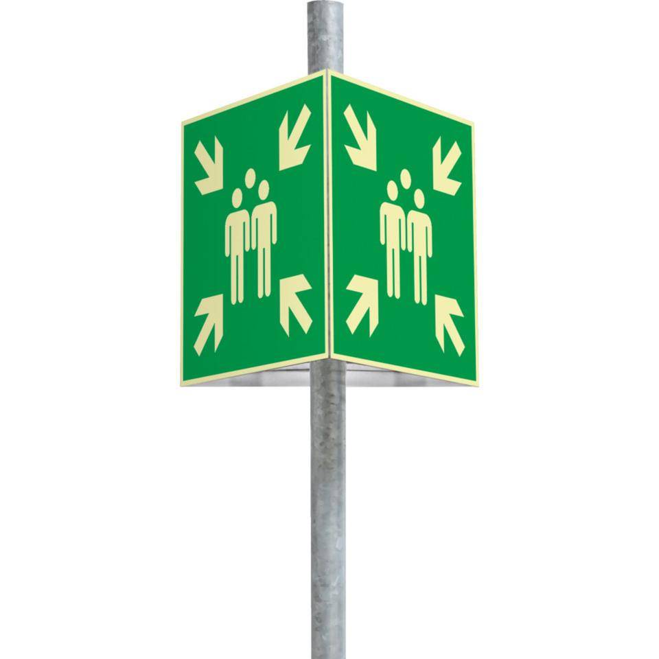 PERMALIGHT® power langnachleuchtend Dreieckset Rettungszeichen Sammelstelle, Aluminium, 400x400mm, Befest.