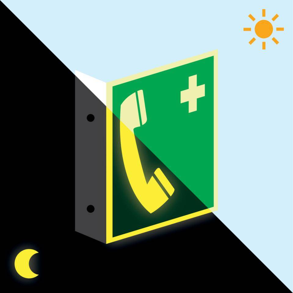 PERMALIGHT® power langnachleuchtend Fahnenschild Notruftelefon, DS, ASR/ISO, Kunststoff, 200x200mm