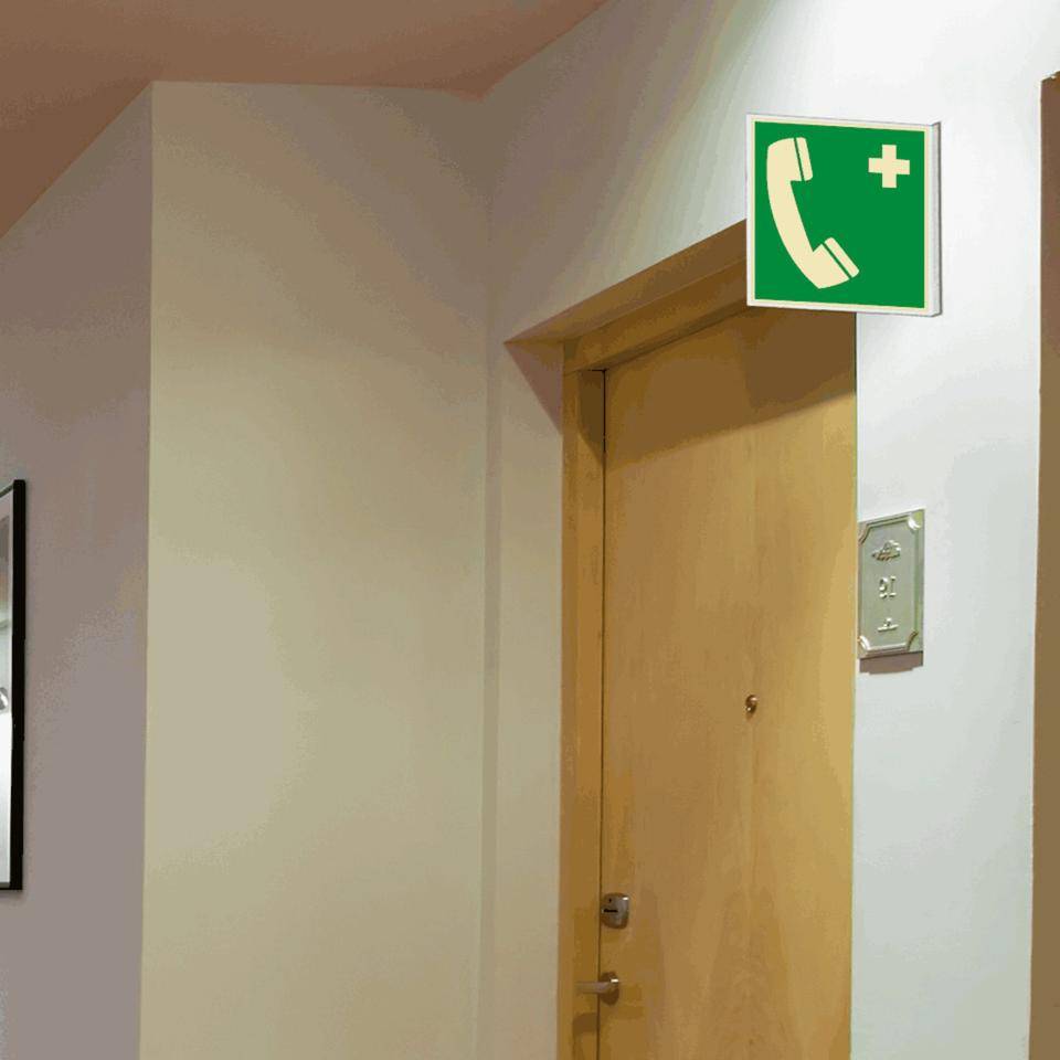 PERMALIGHT® power langnachleuchtend Fahnenschild Notruftelefon, DS, ASR/ISO, Kunststoff, 200x200mm